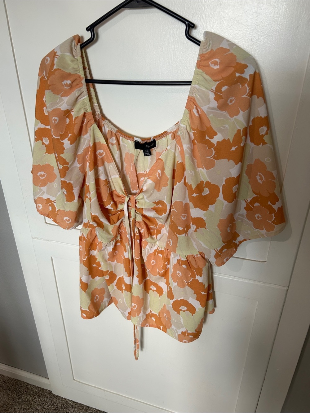 NWT Orange Floral Tie-Front Peasant Top